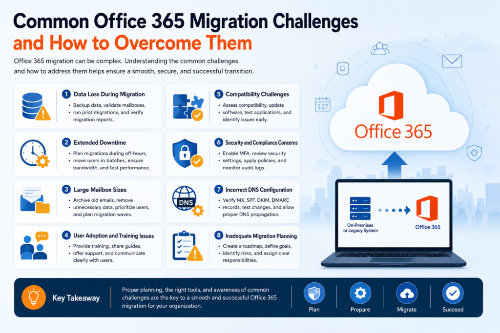 Illustration showing common Office 365 migration challenges including data loss, downtime, mailbox size issues, security concerns, DNS configuration, and migration planning.