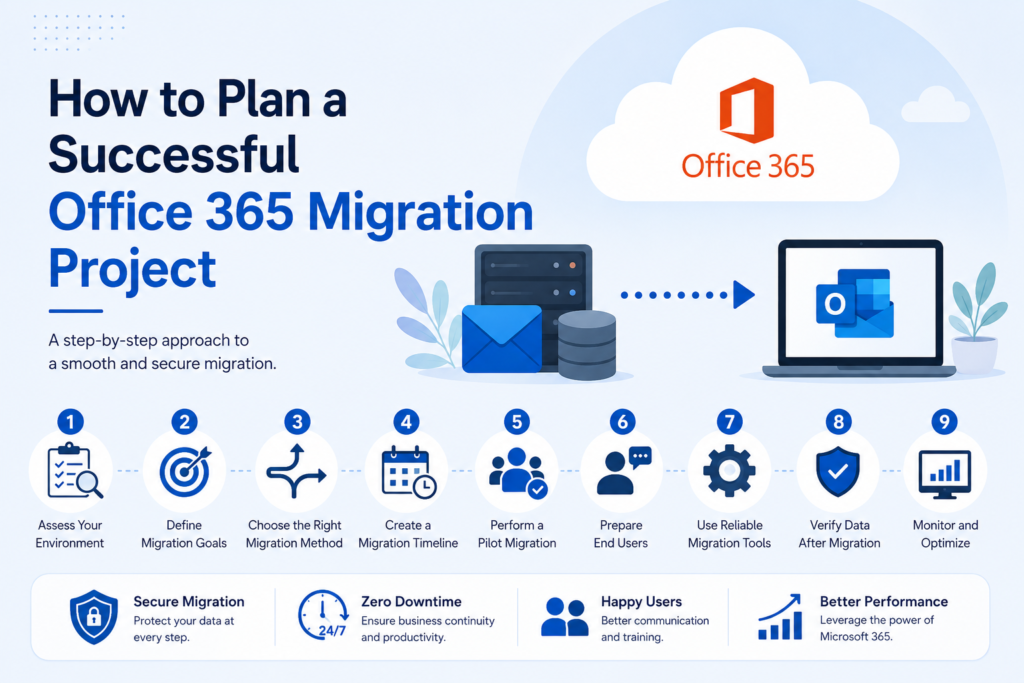 How to plan a successful Office 365 migration project with assessment, migration planning, pilot testing, data validation, and optimization steps.