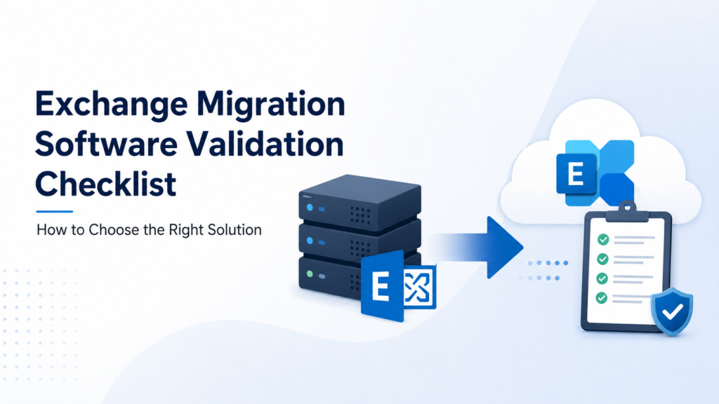 Illustration of Exchange Migration Software validation showing Exchange servers migrating to a cloud environment with a checklist, security shield, and migration workflow representing software evaluation and migration planning.