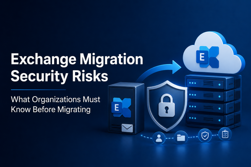 Illustration of a secure Exchange migration process showing mailbox transfer to Microsoft 365 with security shield, cloud servers, and protected data migration elements.
