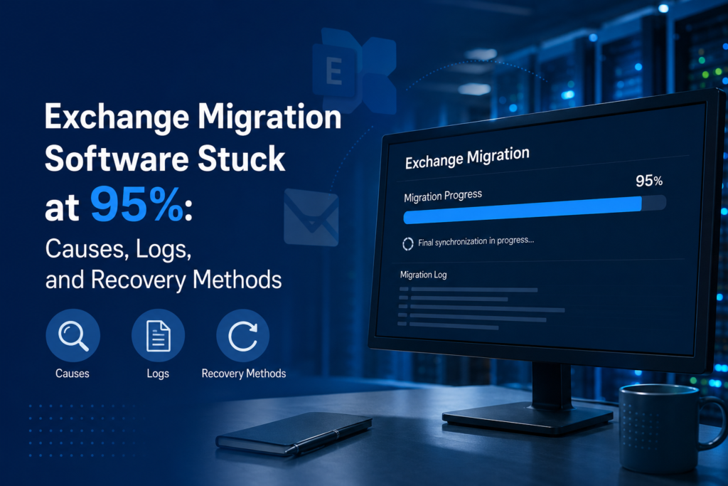 Exchange Migration dashboard showing migration progress stuck at 95% with logs and recovery troubleshooting.