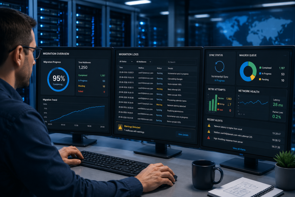 IT administrator reviewing Exchange migration logs, synchronization status, and mailbox migration progress during troubleshooting.