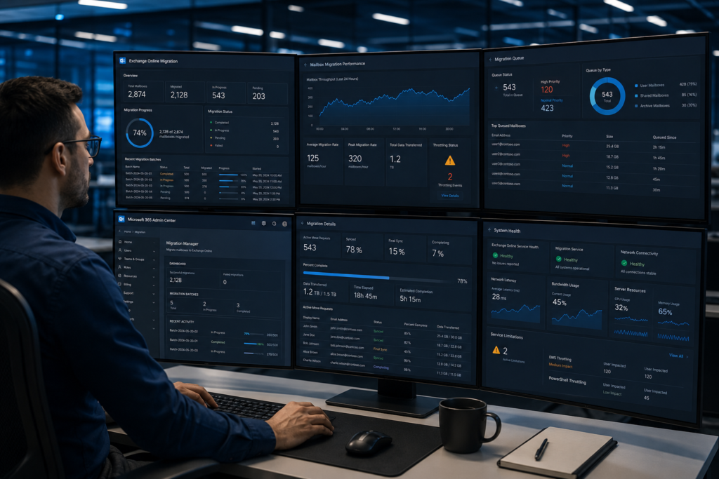 Exchange migration monitoring dashboard showing mailbox throughput and throttling indicators