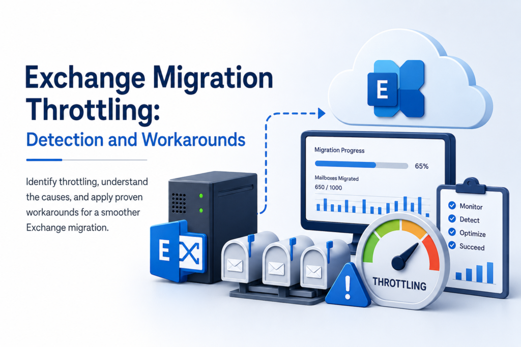 Exchange migration throttling monitoring dashboard showing mailbox migration progress, throughput metrics, throttling indicators, Exchange Online infrastructure, and performance optimization tools.
