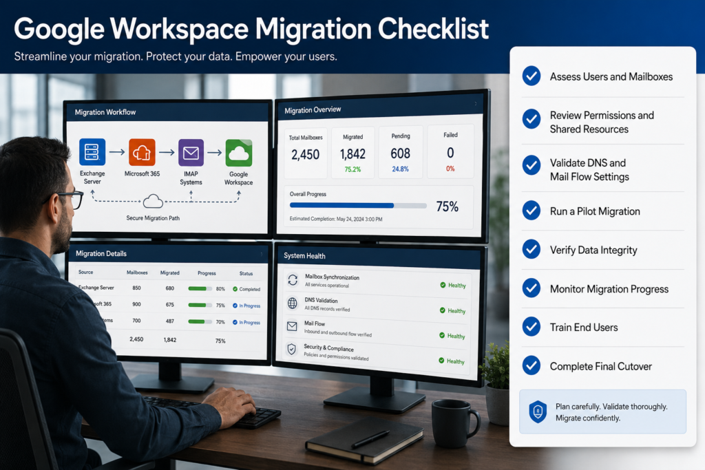 IT administrator reviewing a Google Workspace migration checklist with mailbox assessment, DNS validation, pilot migration testing, data verification, and migration monitoring tasks.
