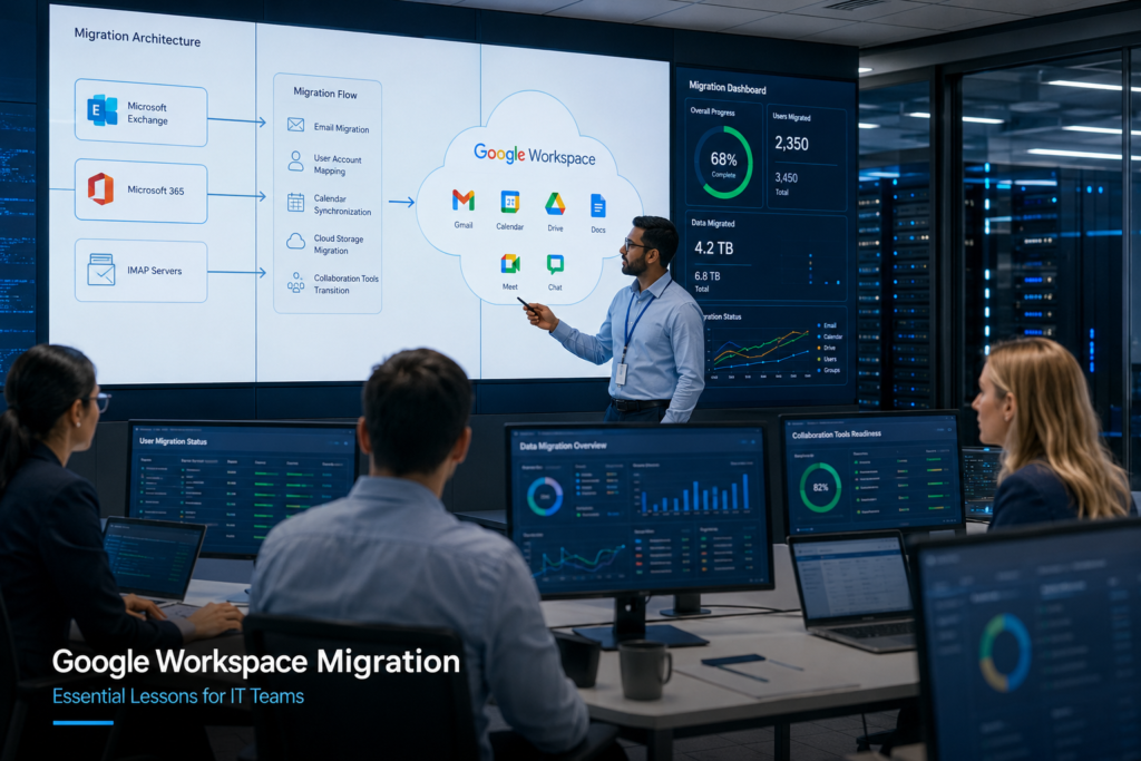 IT administrators planning a Google Workspace migration project with cloud architecture dashboards, email migration workflows, and collaboration tools in a modern enterprise operations center.