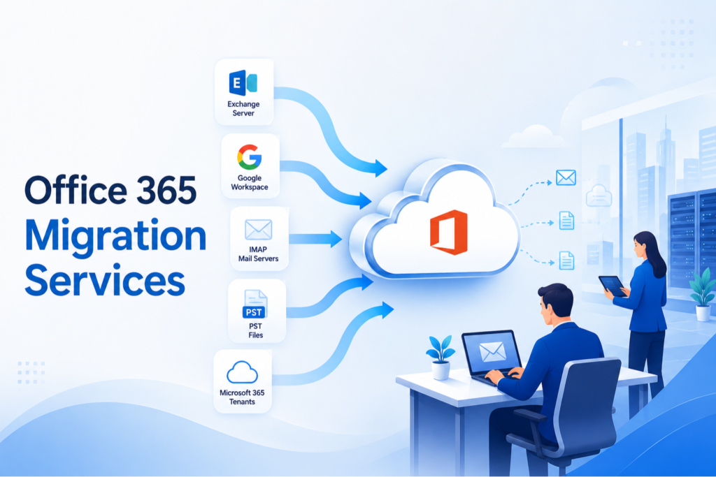 Office 365 migration services for migrating mailboxes from Exchange, Google Workspace, IMAP servers, PST files, and Microsoft 365 tenants