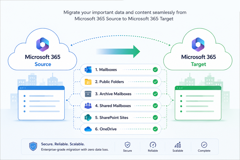 Illustration of a Microsoft 365 tenant-to-tenant migration showing the secure transfer of mailboxes, public folders, archive mailboxes, shared mailboxes, SharePoint sites, and OneDrive data from a Microsoft 365 source tenant to a target tenant.